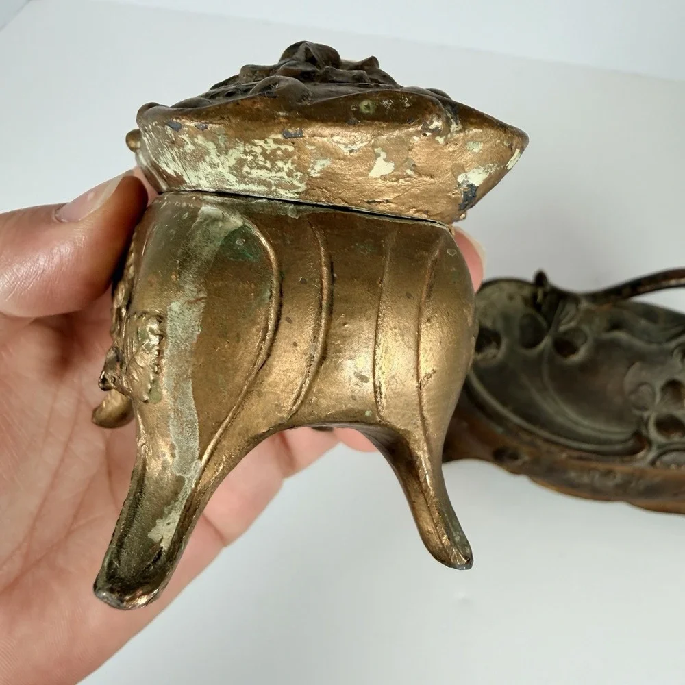 2 Antique Victorian Jewelry Trinket Box Art Nouveau Casket Gold Gilt Floral Rose